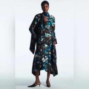 COS Scarf Detail Avant Garde Black Turquiose Peacock Print Maxi Dress, Size 2